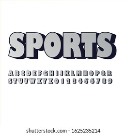 vector 3d silver font alphabet and numbers, sports word on white background