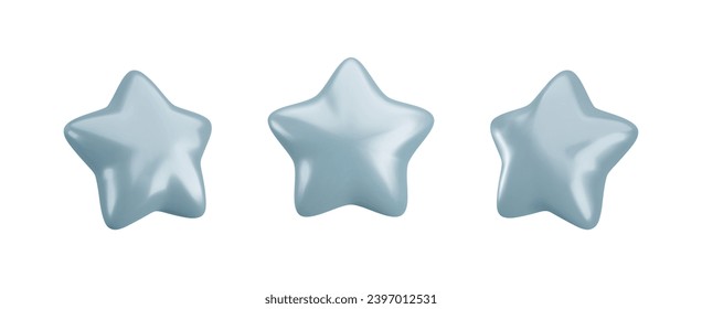 Vector 3d silver star icons set on white background. Cute realistic cartoon 3d render, glossy metallic star front and side projection, for customer rating concept, decoration, web, game design, app.