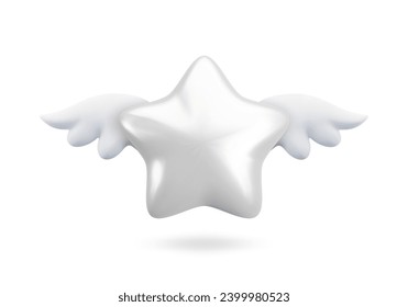 Vector 3d silver star with wings icon. Cute realistic cartoon flying star 3d render on white background, glossy white gold star Illustration for customer rating concept, decor, web, game design, app.