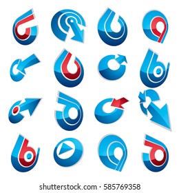 Vector 3d simple navigation pictograms collection. Set of blue corporate abstract design elements. Arrows and circular web icons.