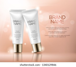 Vector 3D skincare cosmetic illustration packaging. Mock-up tube on a soft pink background