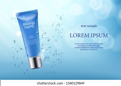 Vector 3D skincare cosmetic illustration hydration product packaging. Mock-up tube in a blue water background