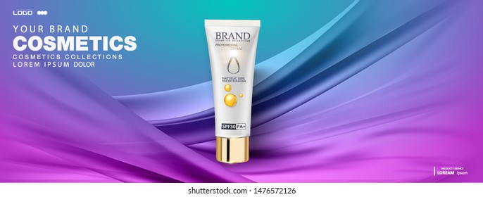 Vector 3D skincare cosmetic illustration hydration product packaging. Mock-up tube in a blue  background