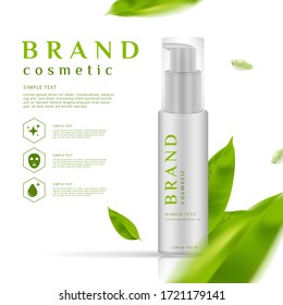 Vector 3D skincare cosmetic illustration hydration nature product packaging. flying leaves background