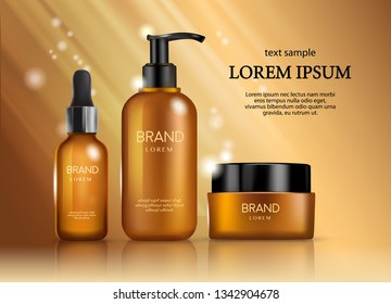 Vector 3D skincare makeup cosmetic illustration packaging. Brown glass packages on soft green natural background