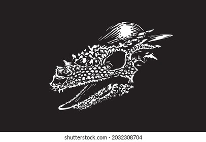 Vector 3D skull of pachycephalosaurus on black, graphical illustration,paleontological element 