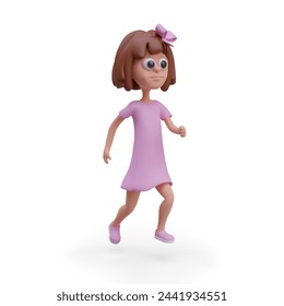 Vector 3D small girl in pink dress is running. Child female character is in hurry