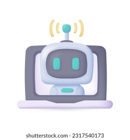 Vector 3D smart robot on computer to assist in human work Creative cartoon robots in art and help answer questions.