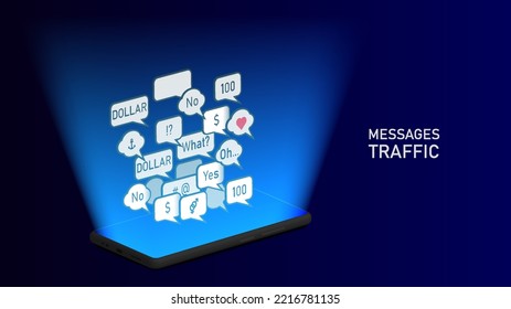 Vector 3d smartphone, brightly glowing screen with a lot of sms on a dark blue background. Message traffic