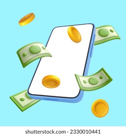 Vector 3d Smartphone mit fliegendem Papiergeld und goldenen Münzen in Cartoon-realistischem Stil. Finance Business Concept Art. Creative Digital Banking Komposition. Lebhafte Illustration.