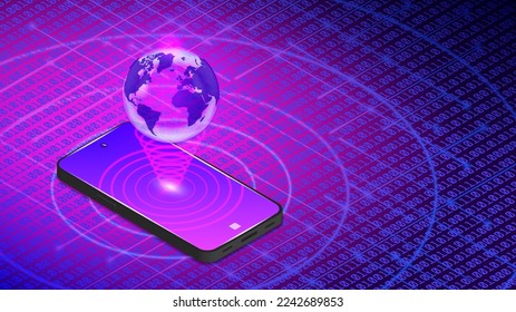 Un smartphone vector 3d con un holograma brillante del planeta Tierra sobre el fondo del espacio digital. Tecnologías de Internet futuristas. Contenido virtual en todo el mundo. Afiche de alta tecnología.