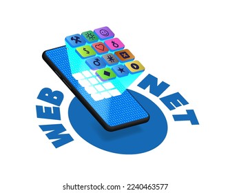 Vector 3d smartphone with icons, inscriptions web and net. Internet surfing. White isolated background.