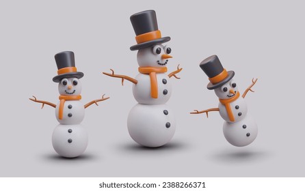 Vektor 3D Schneemann in verschiedenen Positionen. Wintercharakter mit orangefarbenem Schal. Einzige Farbillustrationen mit Schatten. Weihnachtswebdesign im Cartoon-Stil