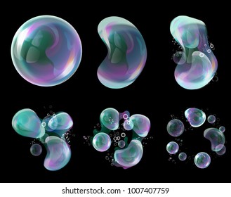 Vector 3d soap transparent bubbles in the deformation. Water spheres, realistic balls, soapy balloons, soapsuds. Glossy foam aqua, realistic bright abstract illustration.