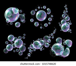 Vector 3d soap transparent bubbles isolated on black background. Water spheres, realistic balls, soapy balloons, soapsuds. Glossy foam aqua, bright abstract elements, print, mock up.