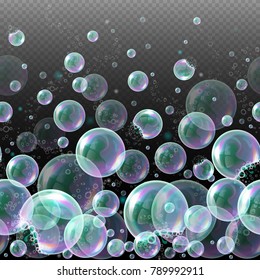 Vector 3d soap transparent bubbles. Water spheres, realistic balls, soapy balloons, soapsuds. Glossy foam aqua, bright abstract illustration.