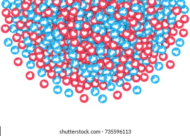 Vector 3D Social Network Blue and Red Like Icons Abstract Conceptual Illustration Isolated on White Background. Design Elements for Web, Internet, App, Promotion, Marketing, SMM, CEO, Business