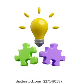 Vector 3d solving problem concept. Shining cartoon light bulb and jigsaw puzzle piece isolated on white background.