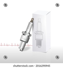 Vector 3D spark plug with paper packaging on a white background. Illustrating presentation design