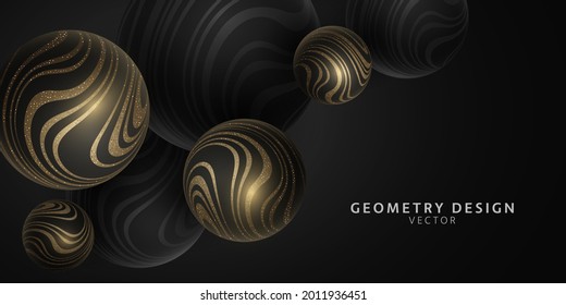 Vector 3d spheres with gold glittering wavy striped pattern. Geometry design. Elegant abstract bubble background. Dynamic balls. Modern cover for your project. EPS 10