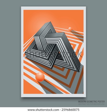 Vector. 3D spheres and striped geometric figure of impossible shape in perspective. Expressive color palette. Modern abstract poster for interior and printing. 