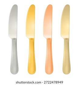 Vector 3d Stainless Steel Silver and Golden Dinner Knives Set. Modern Table Knife Flatware for Dining Table Setting. Restaurant Catering Cutlery Collection, Isolated