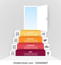 Vector 3d stairs and open door infographic. Template for diagram, graph, presentation and chart. Business infographics startup concept with 4 options, parts, steps or processes. Abstract background.