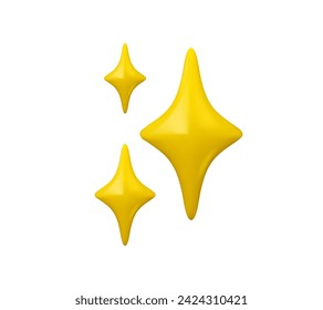 Vector 3d estrella emoji. Brillos amarillos en estilo de dibujos animados aislados. Destellos brillantes dorados, emoticono brillante. Símbolo de novedad o limpieza