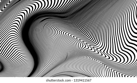 Vector 3d striped waves. Abstract composition, curve lines. Amazing three dimensional background for presentation, wallpaper, interior wall decor. Opical illusion. Vector without gradient