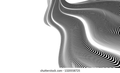 Vector 3d striped waves. Abstract composition, curve lines with copy space. Place for text. Background for presentation, wallpaper, interior wall decor. Opical illusion. Vector without gradient