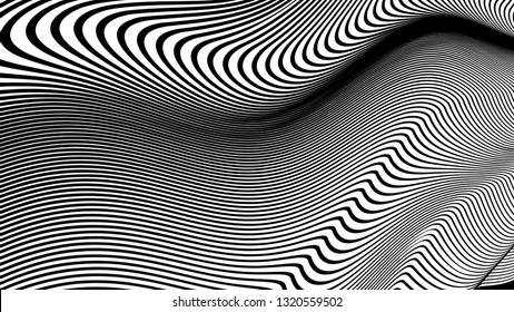 Vector 3d striped waves. Abstract composition, curve lines. Amazing three dimensional background for presentation, wallpaper, interior wall decor. Opical illusion. Vector without gradient