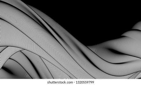 Vector 3d striped waves. Abstract composition, curve lines with copy space. Place for text. Background for presentation, wallpaper, interior wall decor. Opical illusion. Vector without gradient