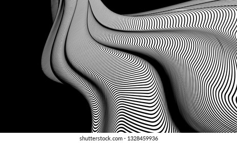 Vector 3d striped waves. Abstract composition, curve lines with copy space. Place for text. Background for presentation, wallpaper, interior wall decor. Opical illusion. Vector without gradient