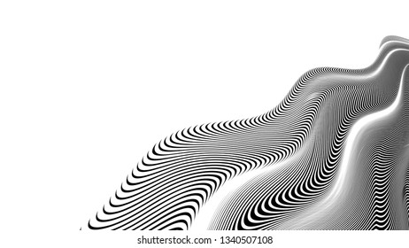 Vector 3d striped waves. Abstract composition, curve lines with copy space. Place for text. Background for presentation, wallpaper, interior wall decor. Opical illusion. Vector without gradient