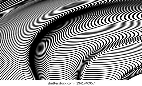 Vector 3d striped waves. Abstract composition, curve lines. Amazing three dimensional background for presentation, wallpaper, interior wall decor. Opical illusion. Vector without gradient