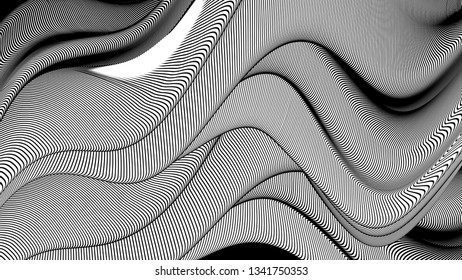 Vector 3d striped waves. Abstract composition, curve lines. Amazing three dimensional background for presentation, wallpaper, interior wall decor. Opical illusion. Vector without gradient