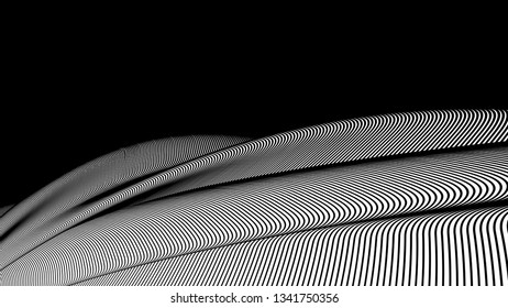 Vector 3d striped waves. Abstract composition, curve lines with copy space. Place for text. Background for presentation, wallpaper, interior wall decor. Opical illusion. Vector without gradient