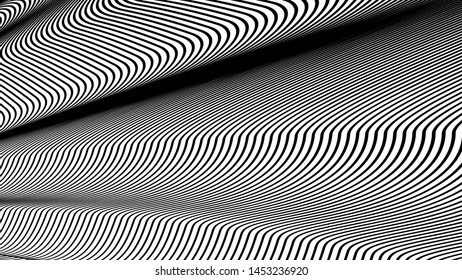 Vector 3d striped waves. Abstract composition, curve lines. Amazing three dimensional background for presentation, wallpaper, interior wall decor. Opical illusion. Vector without gradient