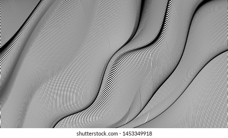 Vector 3d striped waves. Abstract composition, curve lines. Amazing three dimensional background for presentation, wallpaper, interior wall decor. Opical illusion. Vector without gradient