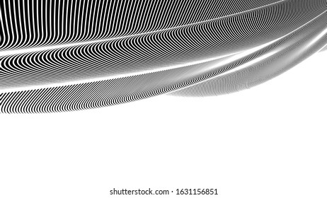 Vector 3d striped waves. Abstract composition, curve lines with copy space. Place for text. Background for presentation, wallpaper, interior wall decor. Opical illusion. Vector without gradient