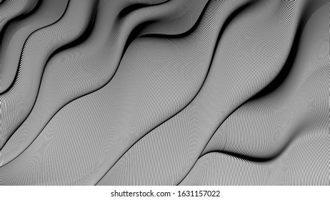 Vector 3d Striped Waves. Abstract Composition, Curve Lines. Amazing Three Dimensional Background For Presentation, Wallpaper, Interior Wall Decor. Opical Illusion. Vector Without Gradient