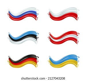 Vector 3d strokes of paint isolated on white background. Flags of Russia, Austria, Ukraine, Germany, Estonia, Poland