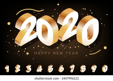 Vector 3d style design on black color background with set of numbers and confetti. Creative isometric illustration of shiny golden number 2020 typography for web, site, banner, greeting card
