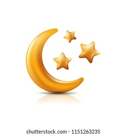 Vector 3d style illustration of golden moon and stars. Decorative gold holiday icons and design elements.