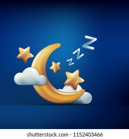 Vector 3d style illustration of golden moon, stars and clouds on blue background. Sleeping concept. Night dream icons and design elements.