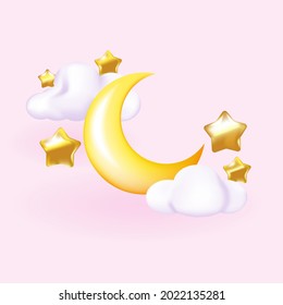 Vector 3d style illustration of golden moon, stars and clouds on blue background. Sleeping concept.