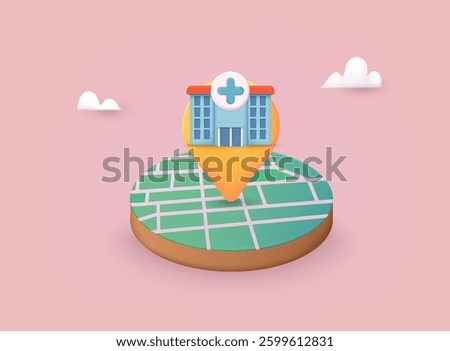 Vector 3d style illustration of medical hospital building. Hospital icon on a map. Location map pin gps pointer markers for destination. Folded maps navigation, red pin location icon on building city.
