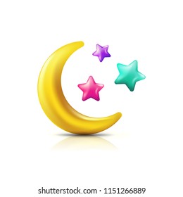 Vector 3d style illustration of multicolor moon and stars. Decorative colorful holiday icons and design elements.