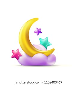 Vector 3d style illustration of multicolor stars and golden moon on purple cloud. Colorful holiday candy icons and design elements.