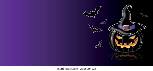 Vector 3D Style Scary Smiling Halloween Pumpkin on Dark black and Purple Gradient Background 3D Cartoon Pumpkin illustration with creepy face expression Happy Halloween Trick or Treat Banner Template